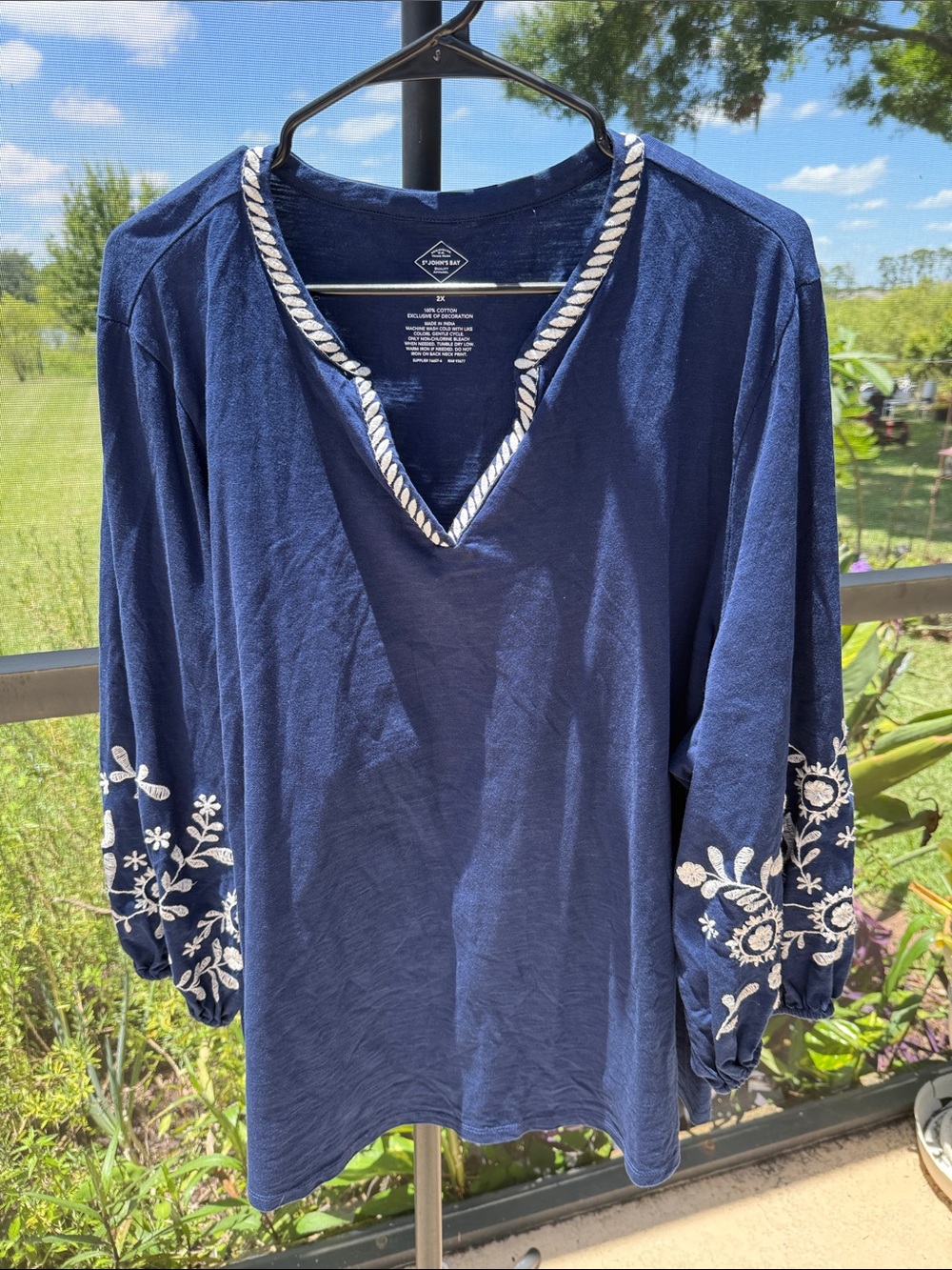 St. John's Bay cotton Navy V‑Neck Top with White Embroidered Sleeves